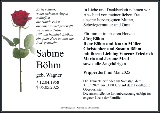 Traueranzeige von Sabine Böhm von Thüringer Allgemeine