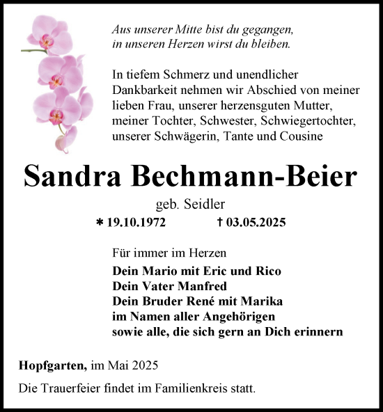 Traueranzeige von Sandra Bechmann-Beier von Thüringer Allgemeine, Thüringische Landeszeitung