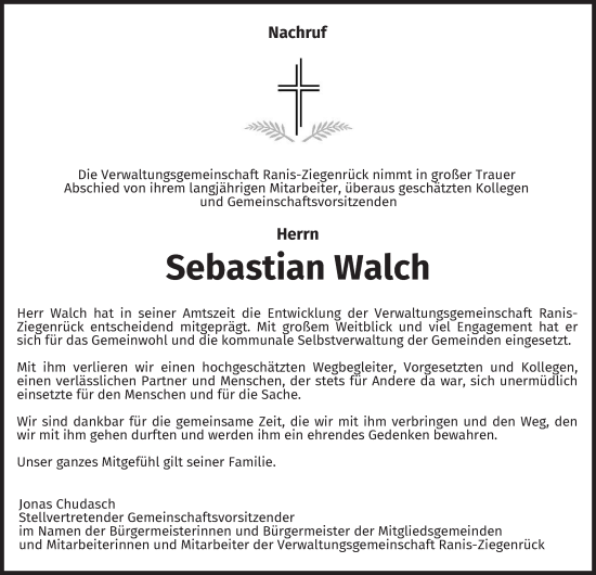 Traueranzeige von Sebastian Walch von Ostthüringer Zeitung