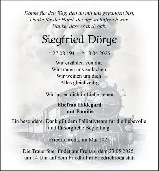 Traueranzeige von Siegfried Dörge von Thüringer Allgemeine, Thüringische Landeszeitung