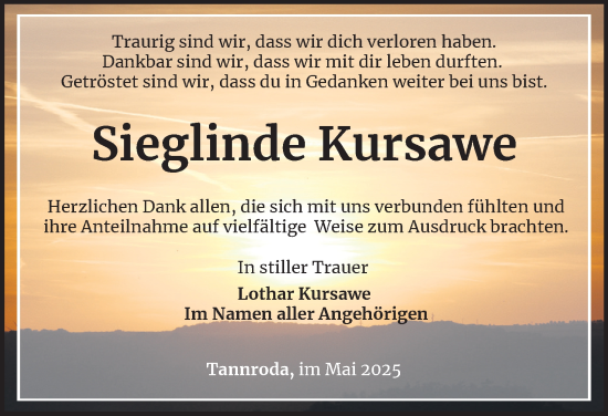 Traueranzeige von Sieglinde Kursawe von Thüringer Allgemeine, Thüringische Landeszeitung
