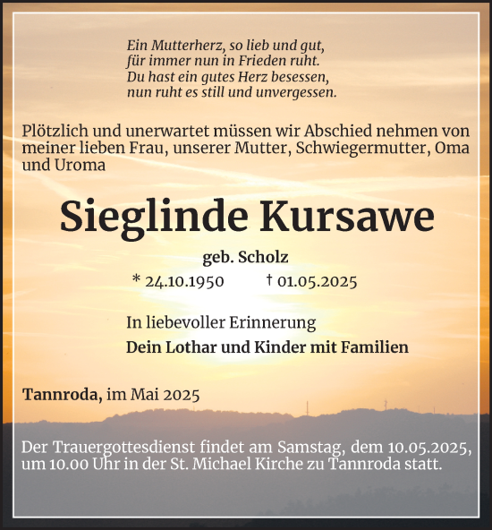 Traueranzeige von Sieglinde Kursawe von Thüringer Allgemeine, Thüringische Landeszeitung