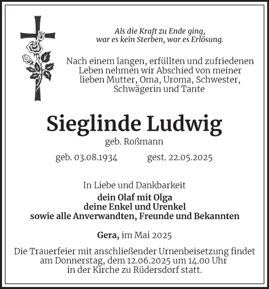 Traueranzeige von Sieglinde Ludwig von Ostthüringer Zeitung
