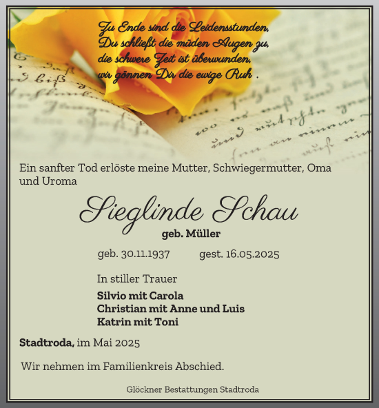 Traueranzeige von Sieglinde Schau von Ostthüringer Zeitung