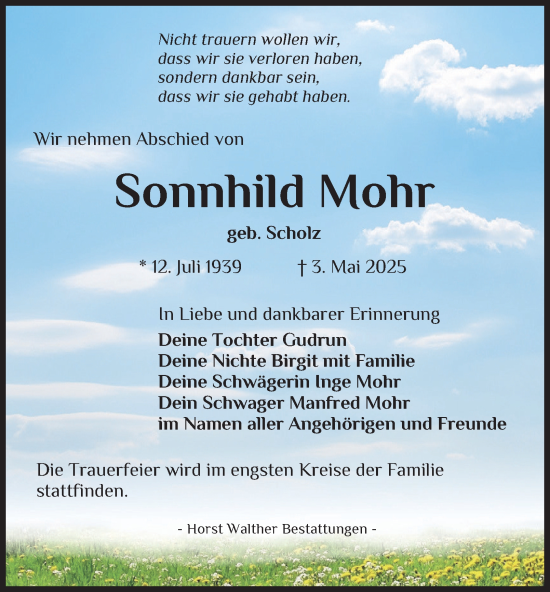 Traueranzeige von Sonnhild Mohr von Thüringer Allgemeine, Thüringische Landeszeitung