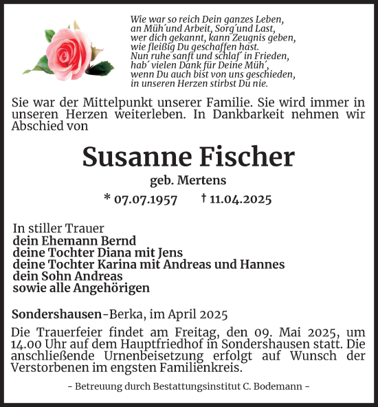 Traueranzeige von Susanne Fischer von Thüringer Allgemeine
