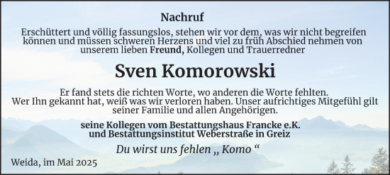 Traueranzeige von Sven Komorowski von Ostthüringer Zeitung