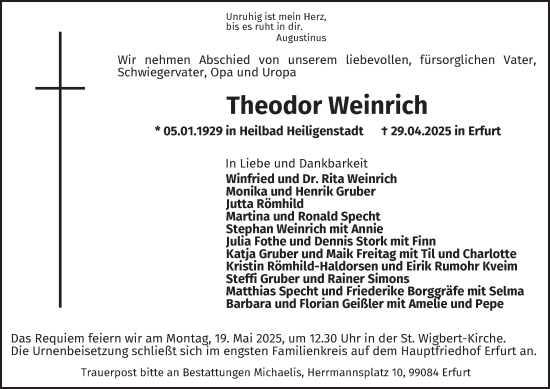 Traueranzeige von Theodor Weinrich von Thüringer Allgemeine