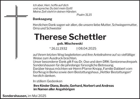 Traueranzeige von Therese Schettler von Thüringer Allgemeine