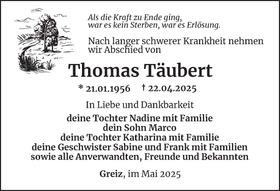 Traueranzeige von Thomas Täubert von Ostthüringer Zeitung