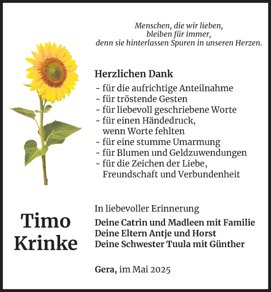 Traueranzeige von Timo Krinke