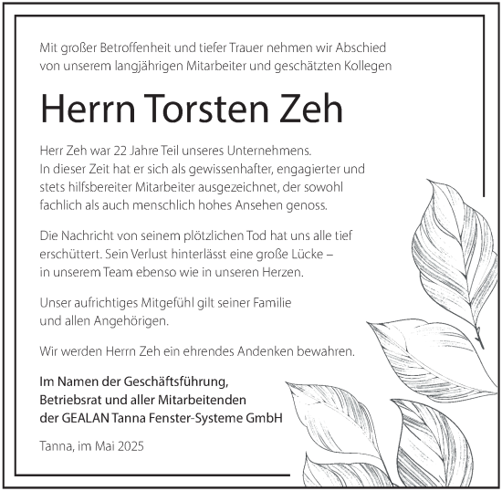 Traueranzeige von Torsten Zeh von Ostthüringer Zeitung