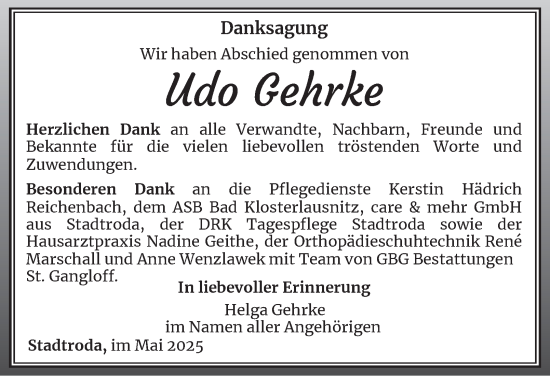 Traueranzeige von Udo Gehrke von Ostthüringer Zeitung
