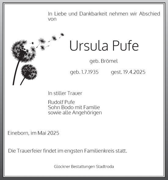 Traueranzeige von Ursula Pufe von Ostthüringer Zeitung