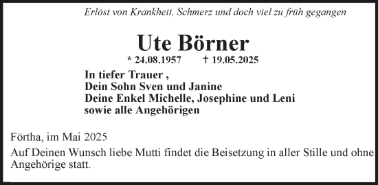 Traueranzeige von Ute Börner von Thüringer Allgemeine, Thüringische Landeszeitung