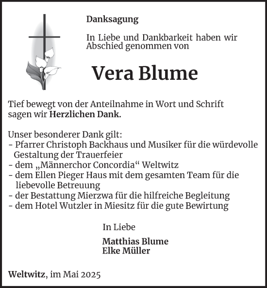 Traueranzeige von Vera Blume von Ostthüringer Zeitung