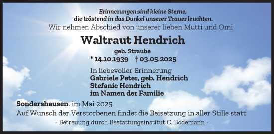 Traueranzeige von Waltraut Hendrich von Thüringer Allgemeine