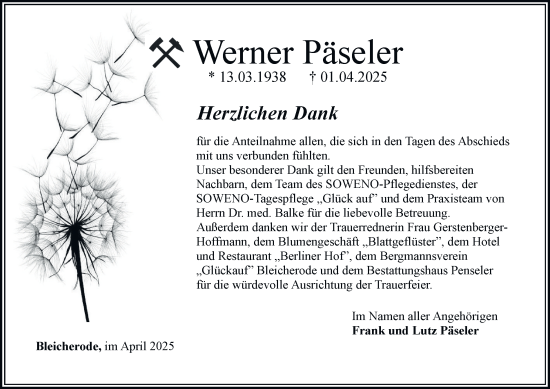 Traueranzeige von Werner Päseler von Thüringer Allgemeine