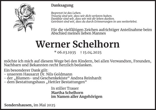 Traueranzeige von Werner Schelhorn von Thüringer Allgemeine