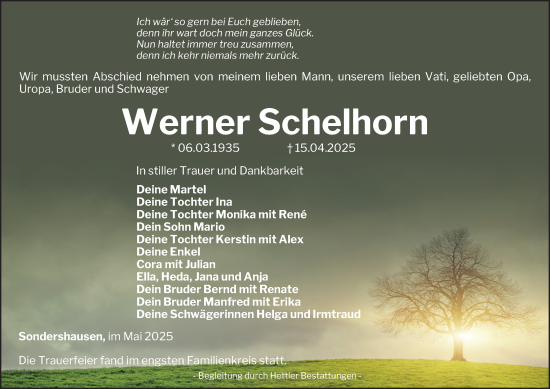 Traueranzeige von Werner Schelhorn von Thüringer Allgemeine