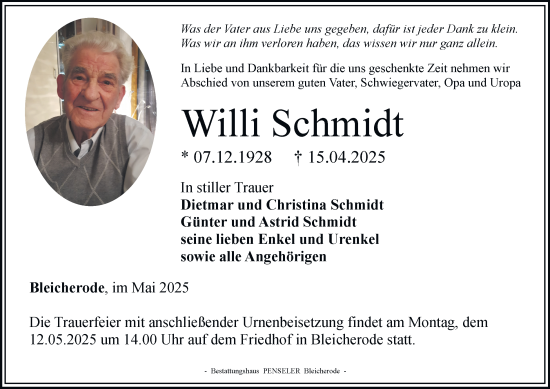 Traueranzeige von Willi Schmidt von Thüringer Allgemeine