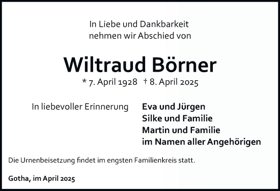 Traueranzeige von Wiltraud Börner von Thüringer Allgemeine, Thüringische Landeszeitung