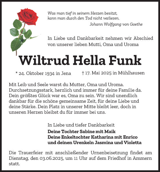 Traueranzeige von Wiltrud Hella Funk von Thüringer Allgemeine, Thüringische Landeszeitung