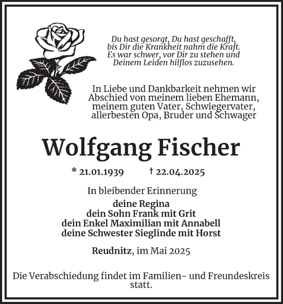 Traueranzeige von Wolfgang Fischer von Ostthüringer Zeitung