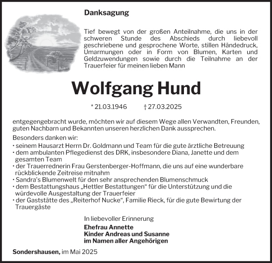 Traueranzeige von Wolfgang Hund von Thüringer Allgemeine