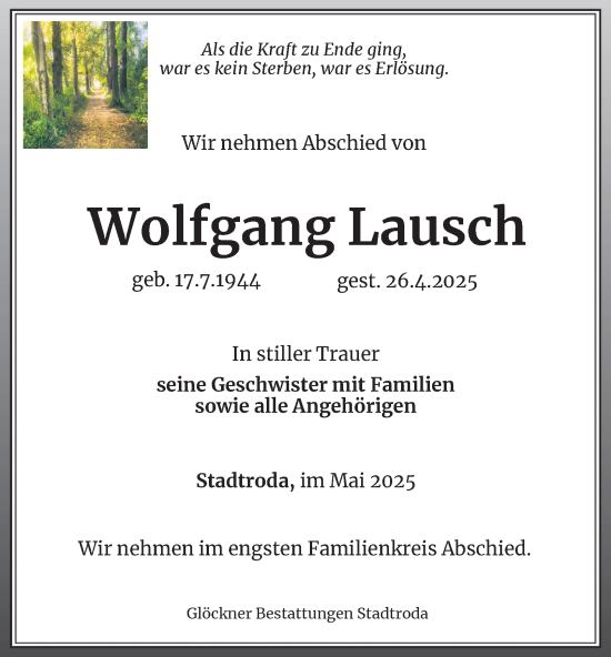 Traueranzeige von Wolfgang Lausch von Ostthüringer Zeitung