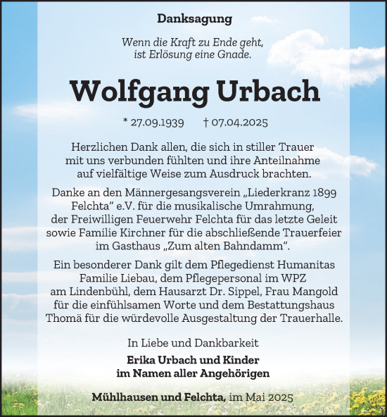 Traueranzeige von Wolfgang Urbach von Thüringer Allgemeine, Thüringische Landeszeitung