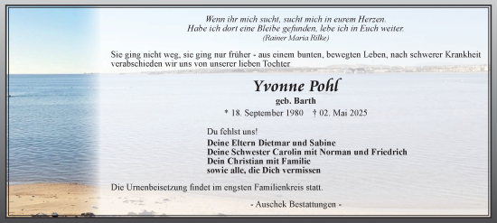 Traueranzeige von Yvonne Pohl von Ostthüringer Zeitung