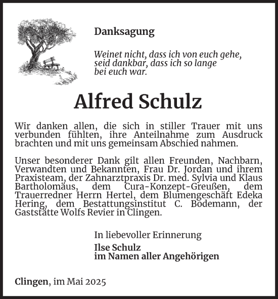 Traueranzeige von Alfred Schulz von Thüringer Allgemeine
