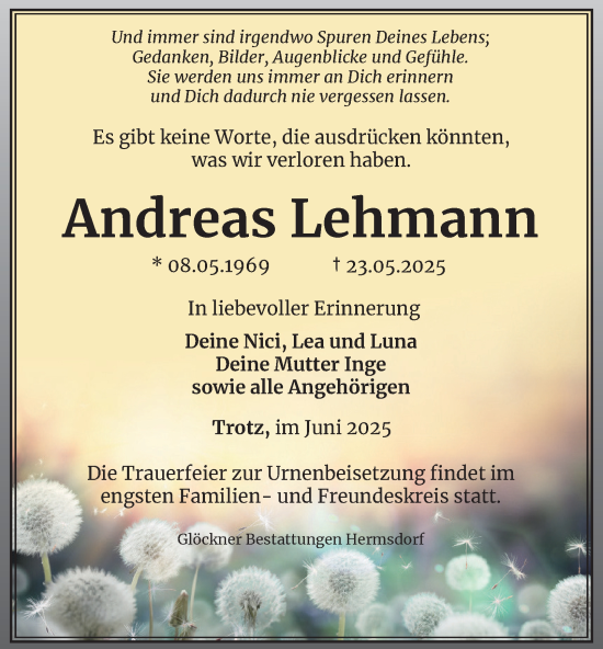 Traueranzeige von Andreas Lehmann von Ostthüringer Zeitung