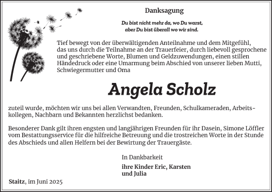 Traueranzeige von Angela Scholz von Ostthüringer Zeitung