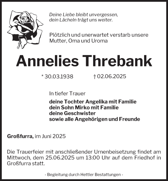 Traueranzeige von Annelies Threbank von Thüringer Allgemeine