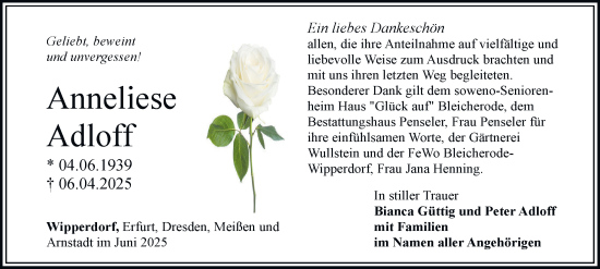 Traueranzeige von Anneliese Adloff von Thüringer Allgemeine