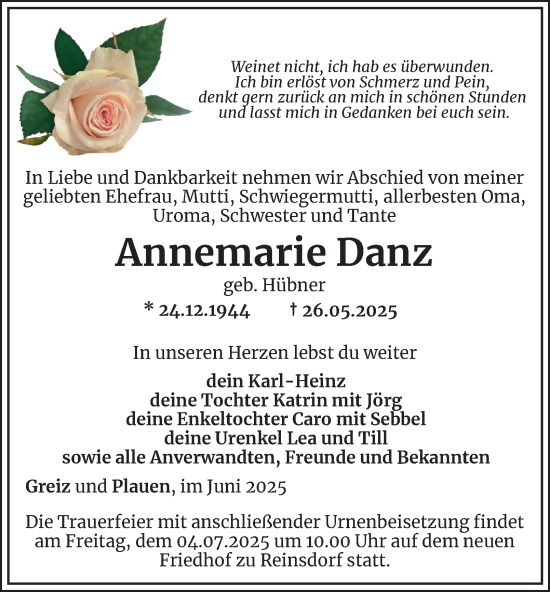 Traueranzeige von Annemarie Danz von Ostthüringer Zeitung