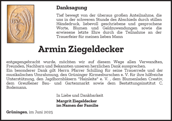 Traueranzeige von Armin Ziegeldecker