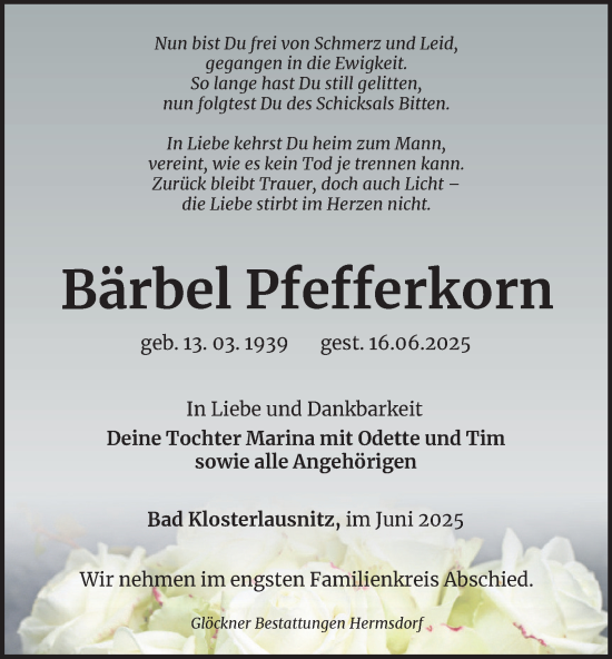 Traueranzeige von Bärbel Pfefferkorn von Ostthüringer Zeitung