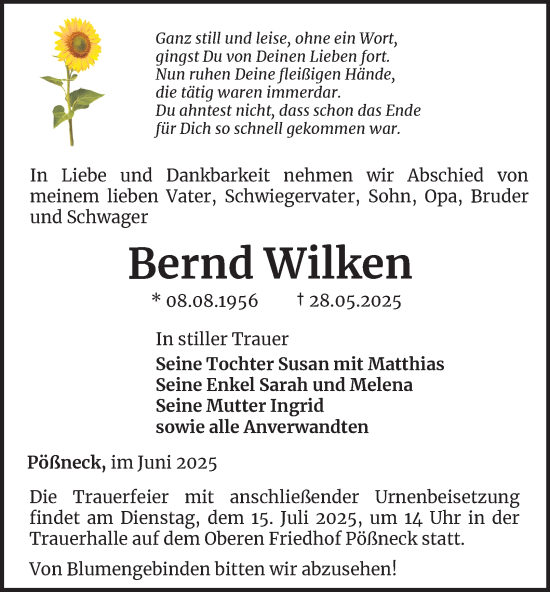 Traueranzeige von Bernd Wilken von Ostthüringer Zeitung