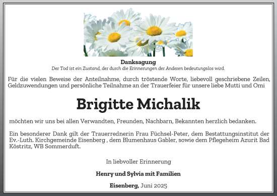Traueranzeige von Brigitte Michalik von Ostthüringer Zeitung