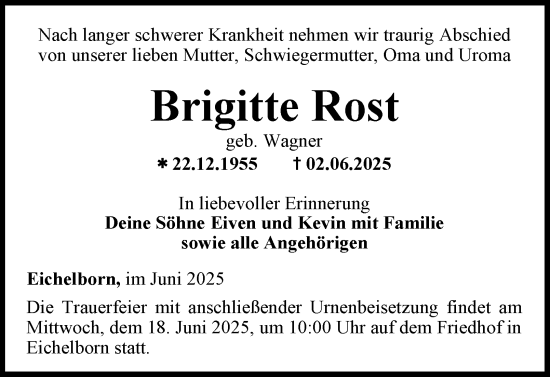 Traueranzeige von Brigitte Rost von Thüringer Allgemeine, Thüringische Landeszeitung