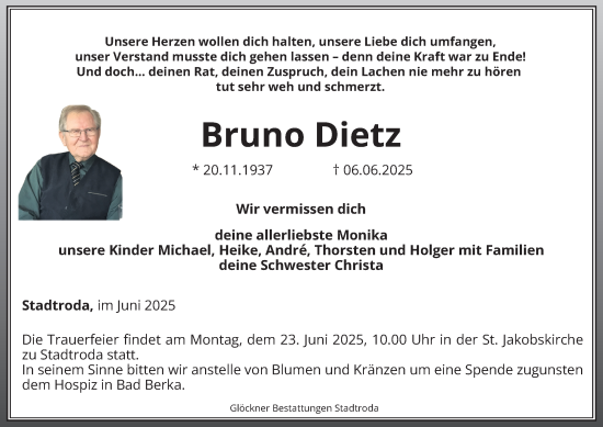 Traueranzeige von Bruno Dietz von Ostthüringer Zeitung