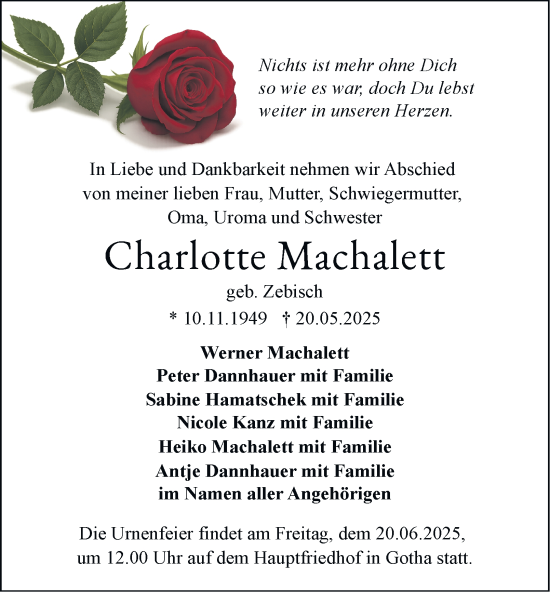 Traueranzeige von Charlotte Machalett von Thüringer Allgemeine, Thüringische Landeszeitung