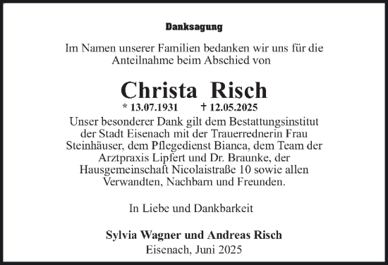 Traueranzeige von Christa Risch von Thüringer Allgemeine, Thüringische Landeszeitung