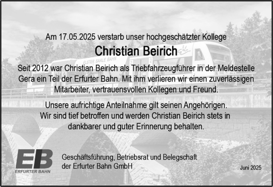 Traueranzeige von Christian Beirich von Ostthüringer Zeitung