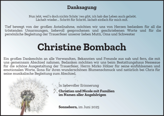 Traueranzeige von Christine Bombach von Thüringer Allgemeine, Thüringische Landeszeitung
