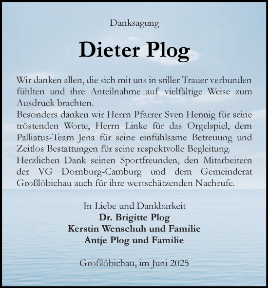 Traueranzeige von Dieter Plog von Ostthüringer Zeitung, Thüringische Landeszeitung