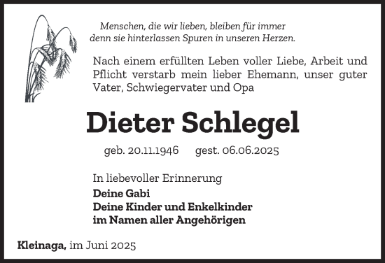 Traueranzeige von Dieter Schlegel von Ostthüringer Zeitung